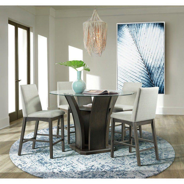 Glass top dining room, fabric and wood 